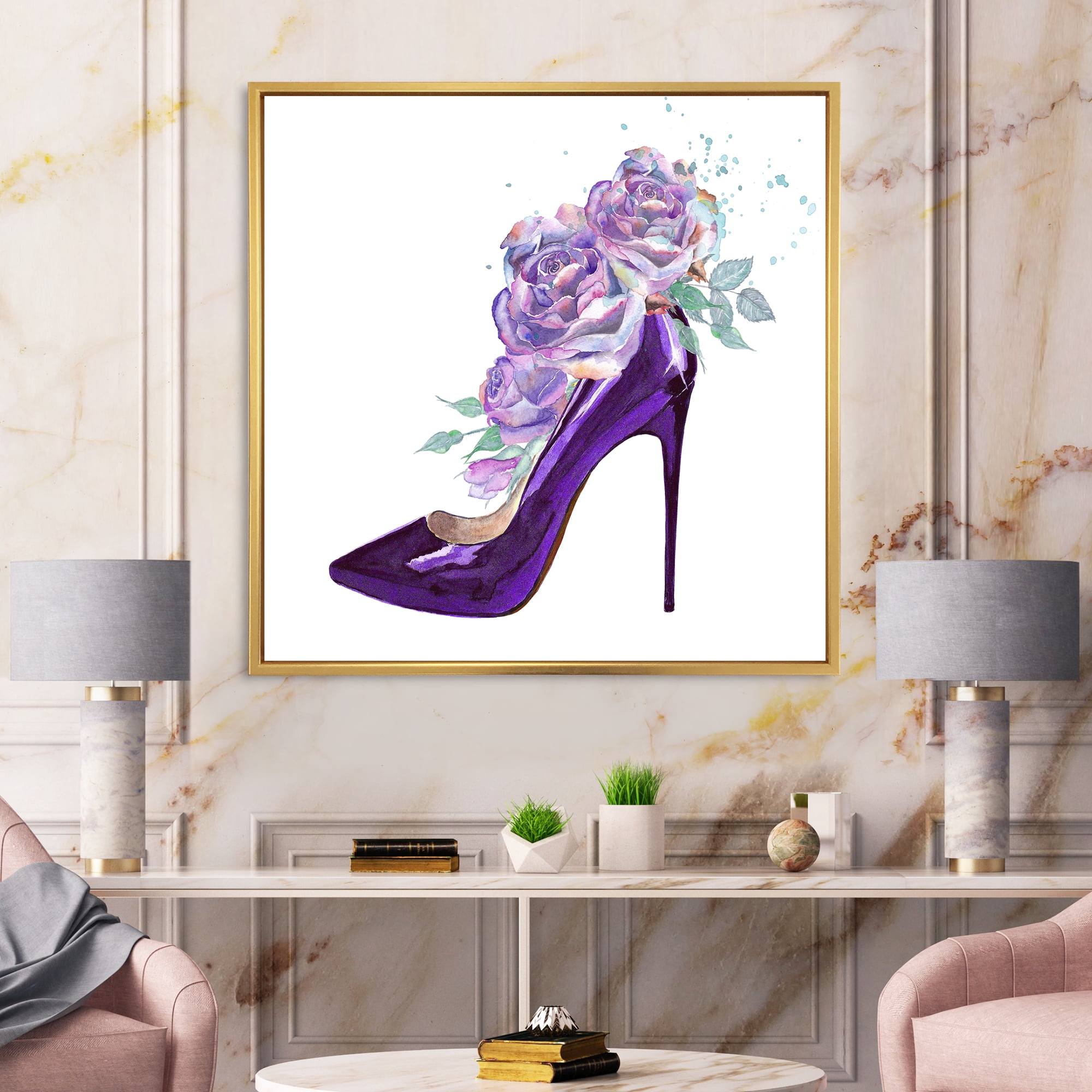 Designart 'Pink VIolet Roses With Dark Purple Stiletto Shoe' Traditional Framed Canvas Wall Art Print