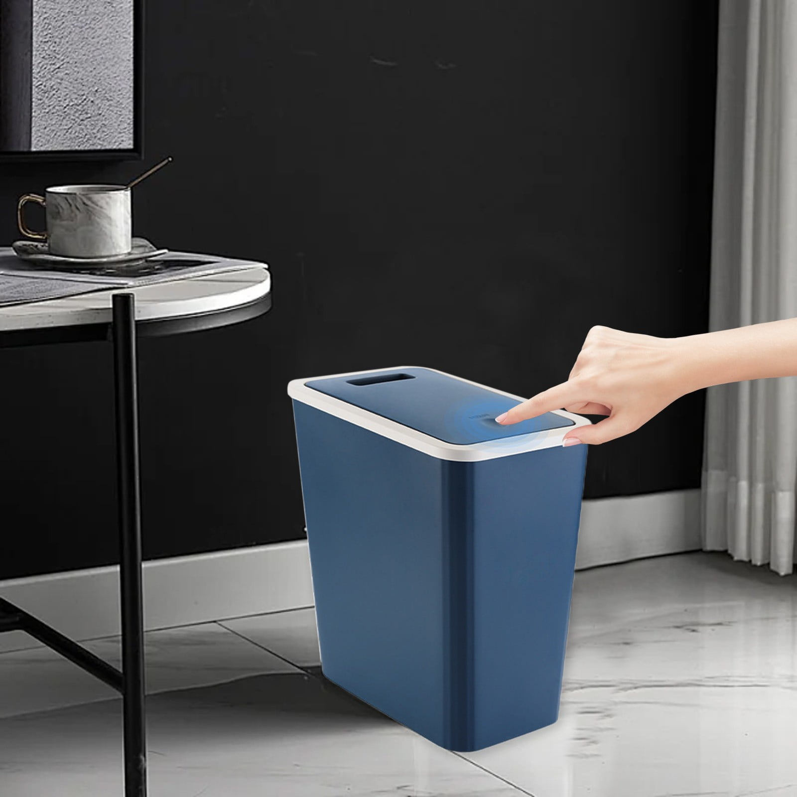 Bwiyojiz Storage & Organization 12x10.03x7.28" Bathroom Trash Can with Lid Garbage Press Plastic Wastebasket Popup for Toilet Office Bedroom Living Room, Gifts for Yourself, Blue