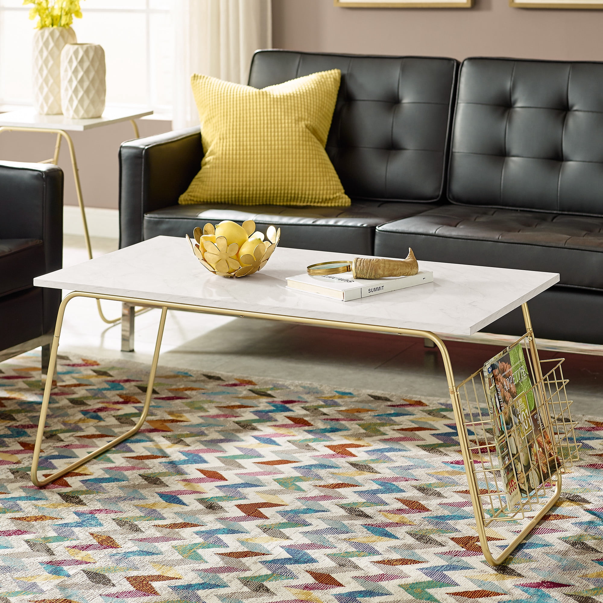 Modern Faux Marble Coffee Table with Magazine Holder by Manor Park