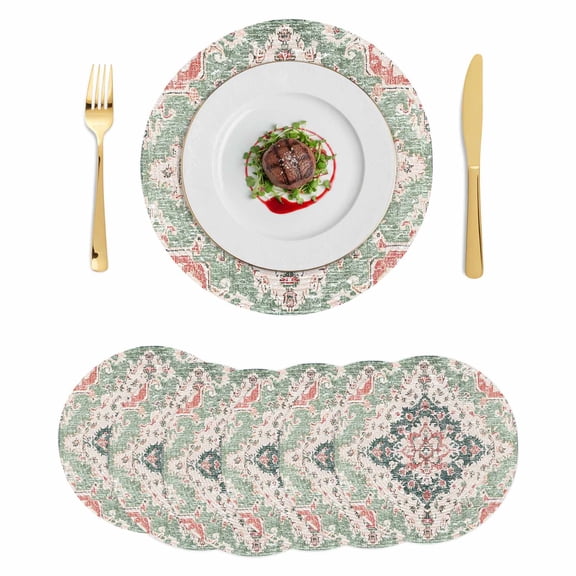 Green Pink Boho Floral Round 13 Inch Placemats Set of 6, Southwestern Ethnic Flowers Retro HeatResistant Non Slip Place Mats for Dining Table, Wipeable Braided Kitchen Table Mats for Housewarming