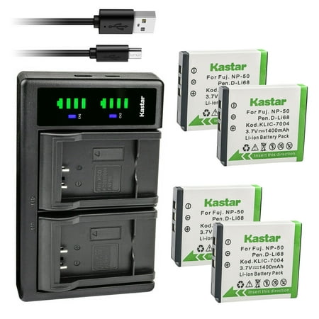 Kastar 4-Pack FNP-50 Battery and LTD2 USB Charger Replacement for Fujifilm NP-50 NP-50A Battery Fujifilm BC-50 BC-45W Charger Fujifilm FinePix XP170 FinePix XP200 FinePix XF1 FinePix F1000EXR