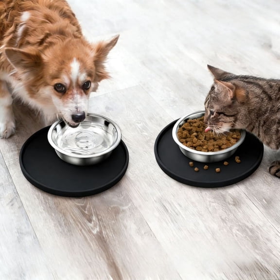 Pet Silicone Food Mat, Set of 2 Nonslip Waterproof Feeding Bowl Mat with Raised Edges for Food and Water Prevent Spills, Round Eating Tray for Dog Cat Puppy Kitten, 6'' x 6''