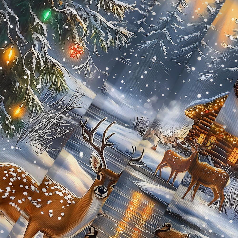 Winter Christmas Deer Shower Curtain, Farmhouse Cabin Hunting Xmas Snowflake Reindeer Nature Forest Snowy Mountain River Scenery New Year Bathroom Decor Curtain Polyester Fabric 70 x 70 Inches