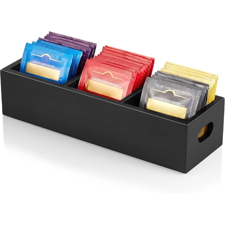 Tea Bag Organizer, Black Wooden Tea Bag Holder, Tea Storage Containers with 3 Slots, Sugar Packet Holder, Tea Bag Caddy Box for Countertop