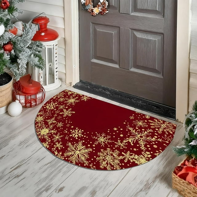 hengsof Christmas Half Round Doormat Xmas Washable Semi Circle Area Rug Non Slip Absorbent Half Moon Rug for Indoor Outdoor Bathroom Kitchen Living Room Fireplace Floor Mat