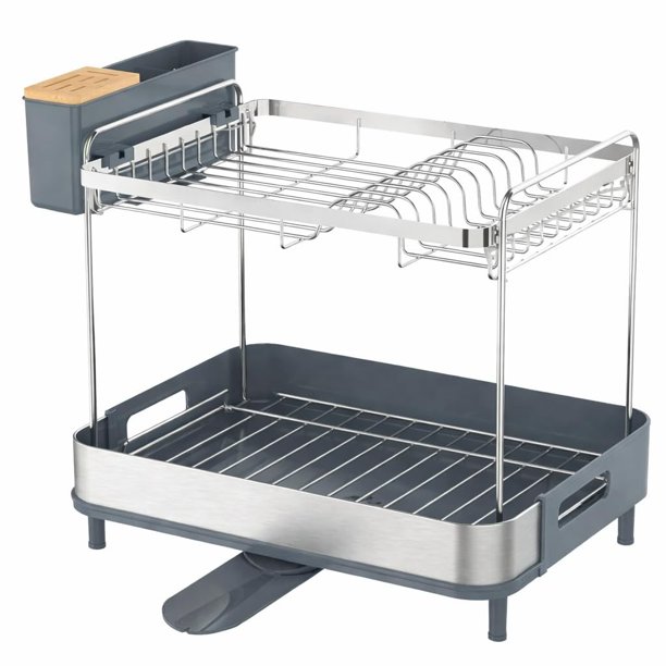 Escurridor de platos 2 niveles acero inoxidable desagüe giratorio 360° porta utensilios 3 divisiones drenaje central 46.7x32.2x41.7 cm