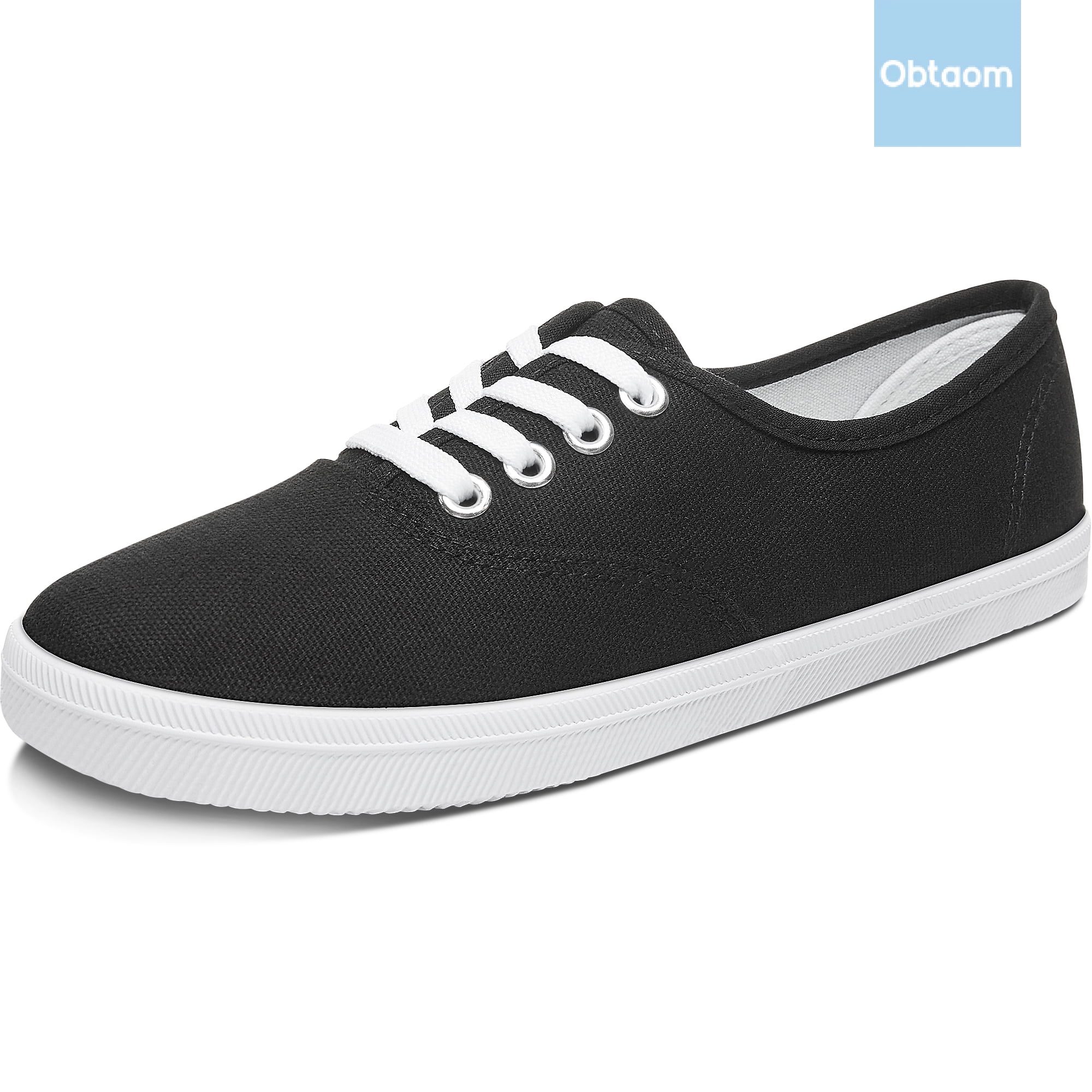 Obtaom Women’s Canvas Sneakers Fashion Lace Up Canvas Shoes,Low Top Casual Flat,Lightweight Tennis Shoes.(Black,US10)