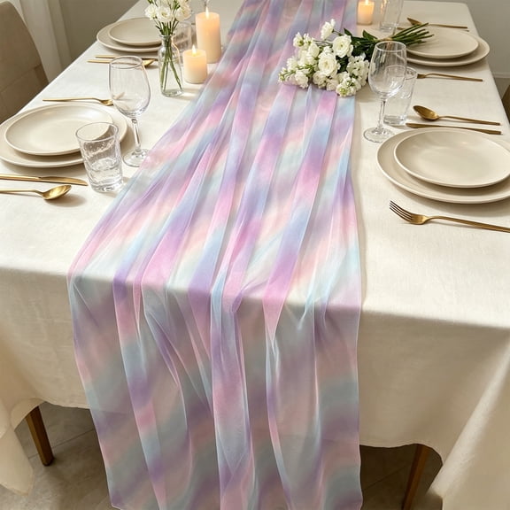Rainbow Gradient Sheer Mesh Table Runner, Colorful Ombre Net Party Table Decor, Boho Dining Kitchen Home Decoration for Birthday Wedding Shower, Flowing Elegant Sheer Fabric Table Runner