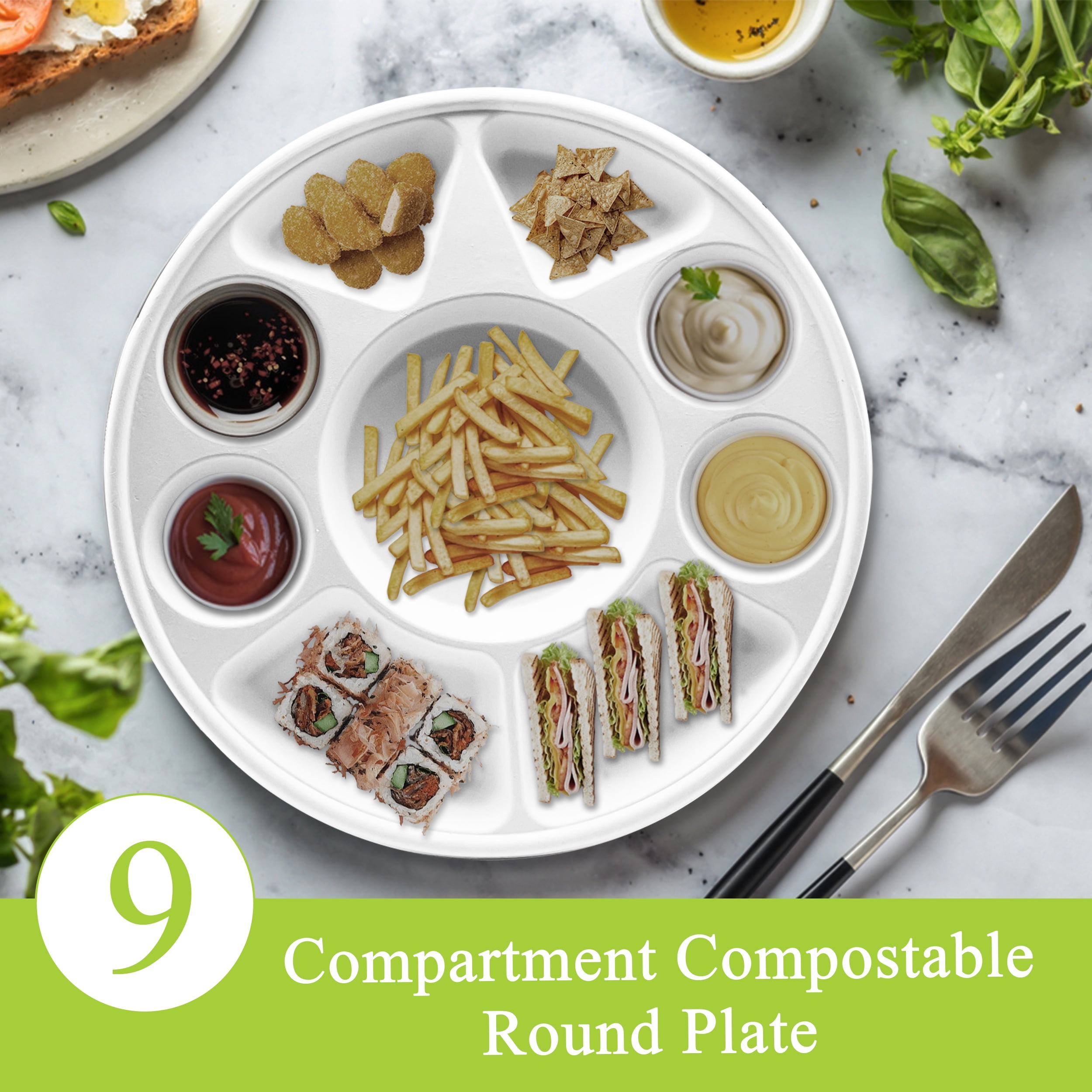 Three Leaf 9 Compartment Bagasse Round Plate, 200 Ct, Biodegradable Disposable Dinner Plates with Sections