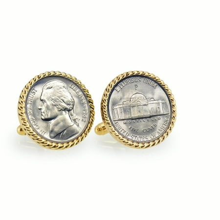 Silver Jefferson Nickel Wartime Nickel Goldtone Rope Bezel Coin Cuff Links