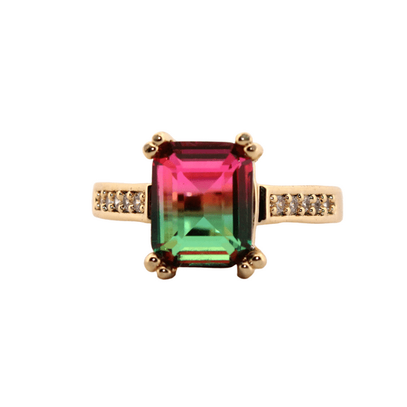 3ct Emerald Red & Green Watermelon Tourmaline Gold Ring, Size 8