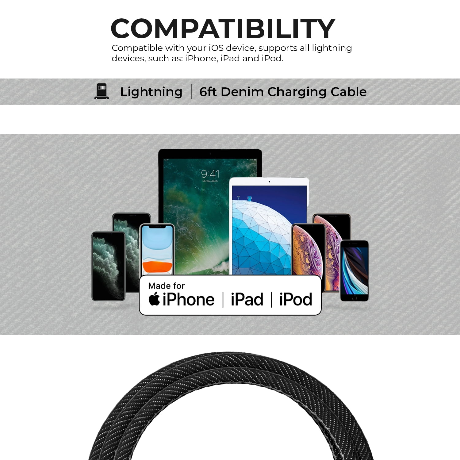 Liquipel Powertek Denim USB-A to Lightning - Black
