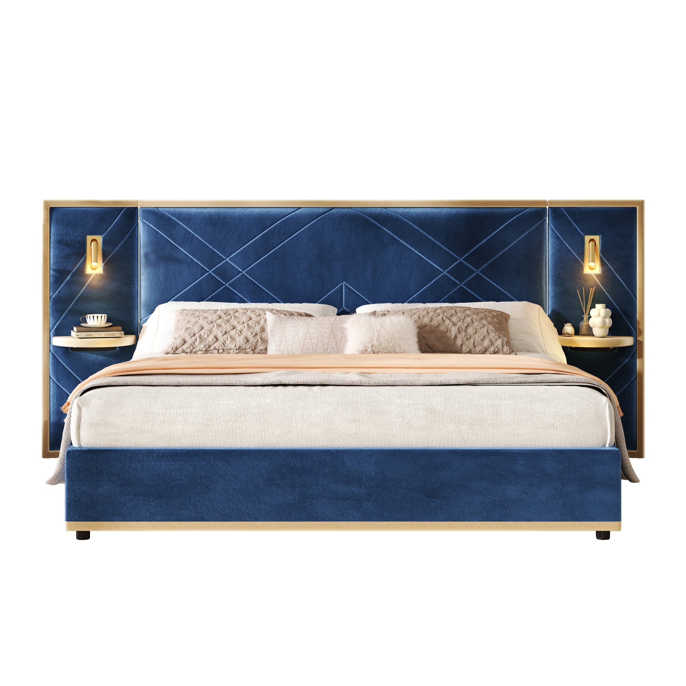 Christopher Knight Home Luxury Velvet Upholstered Queen Bed with Headboard, LED Lights, Storage Side Panels, Blue