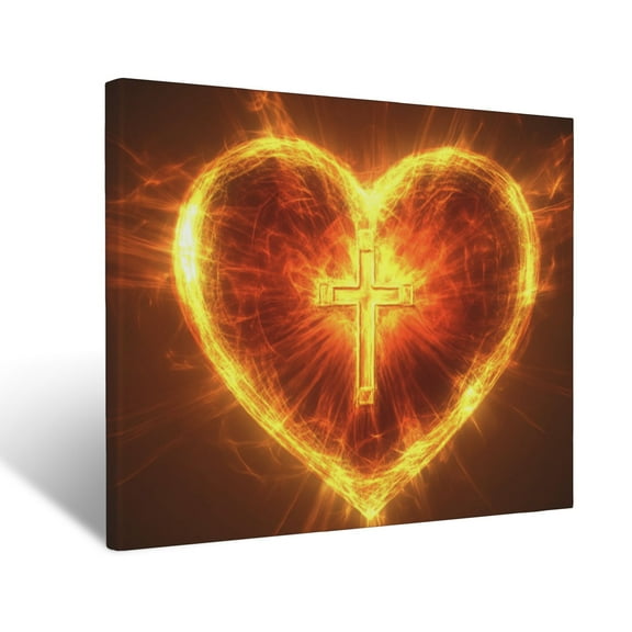 CozyNet Glowing Heart With A Cross In The Center, Radiating Warmth And Faith Wall Art Prints With Frame Canvas Perfect for Living Room & Bedroom, Ready to Hang, Wall Decor 12"x16"
