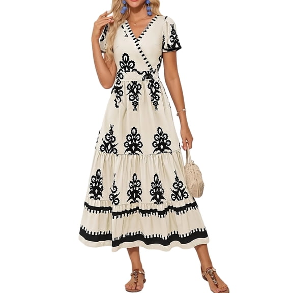 Aellinatey Women's Casual V-Neck Bohemian Maxi Dress, Flowy A-line Flared Sleeve Layered Floral Dress with Pockets
