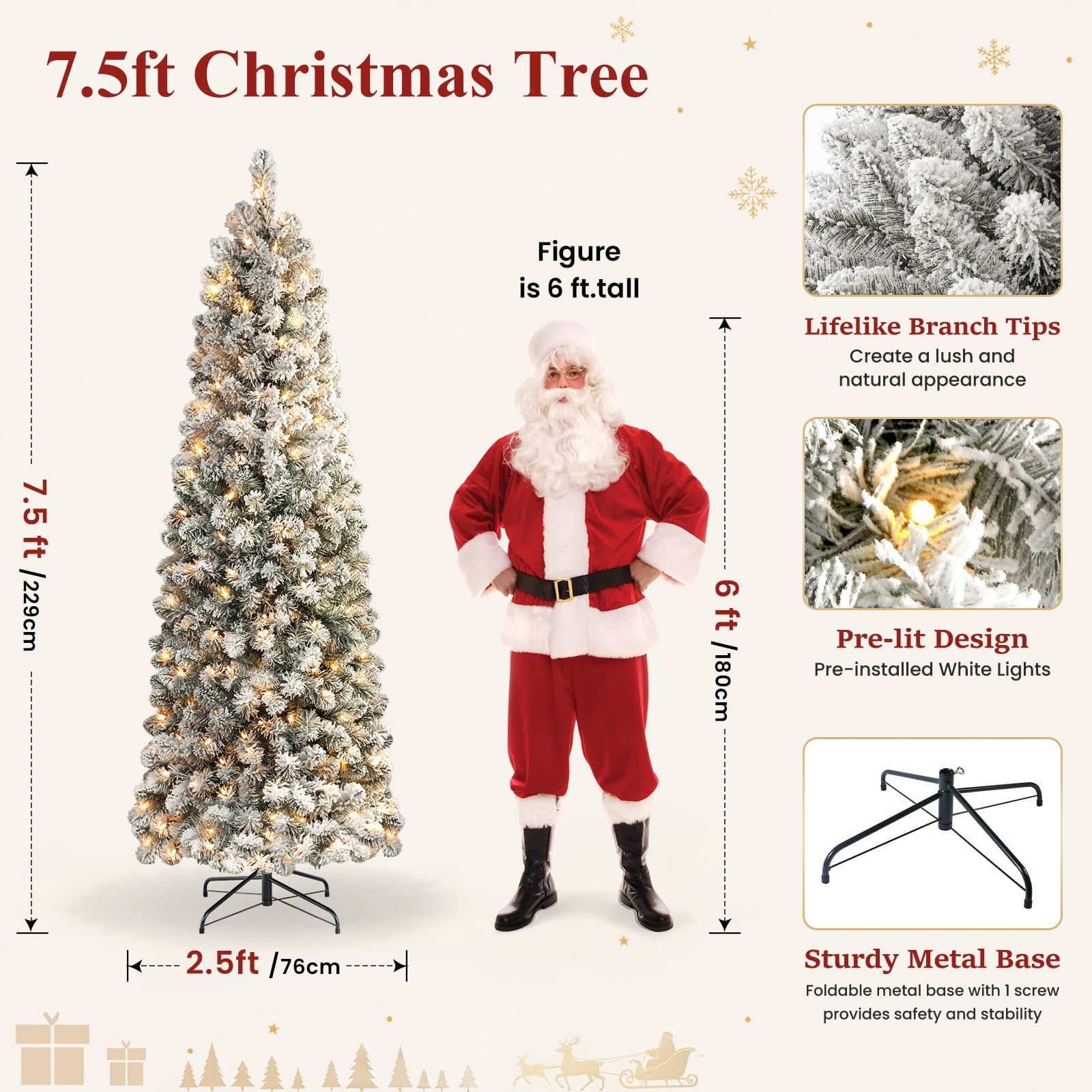 Lolsea 7.5ft Prelit Snow Flocked Artificial Pencil Christmas Tree with Warm White Lights, Full Branch Tips, Perfect Choice Decoration for Xmas Holiday