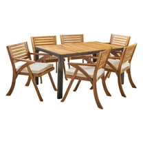 Ryder Outdoor 6-Seater Rectangular Acacia Wood and Iron Dining Set, Teak, Cream