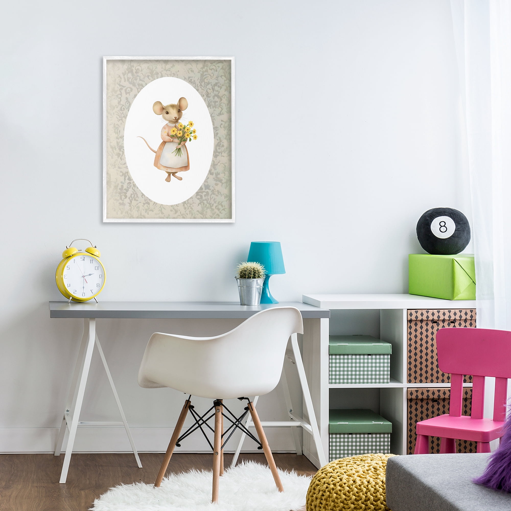 Stupell Industries Little Mouse with Flowers White Framed Giclee Art, design by Arlington Prints