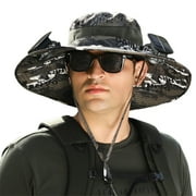 Men Fisherman Hat with 2 Solar Fan Large Brim Windproof Strap USB Charging Anti-UV Sunlight Protection Quick Dry Great Breathability Outdoor Fishing Camping Travel Cap