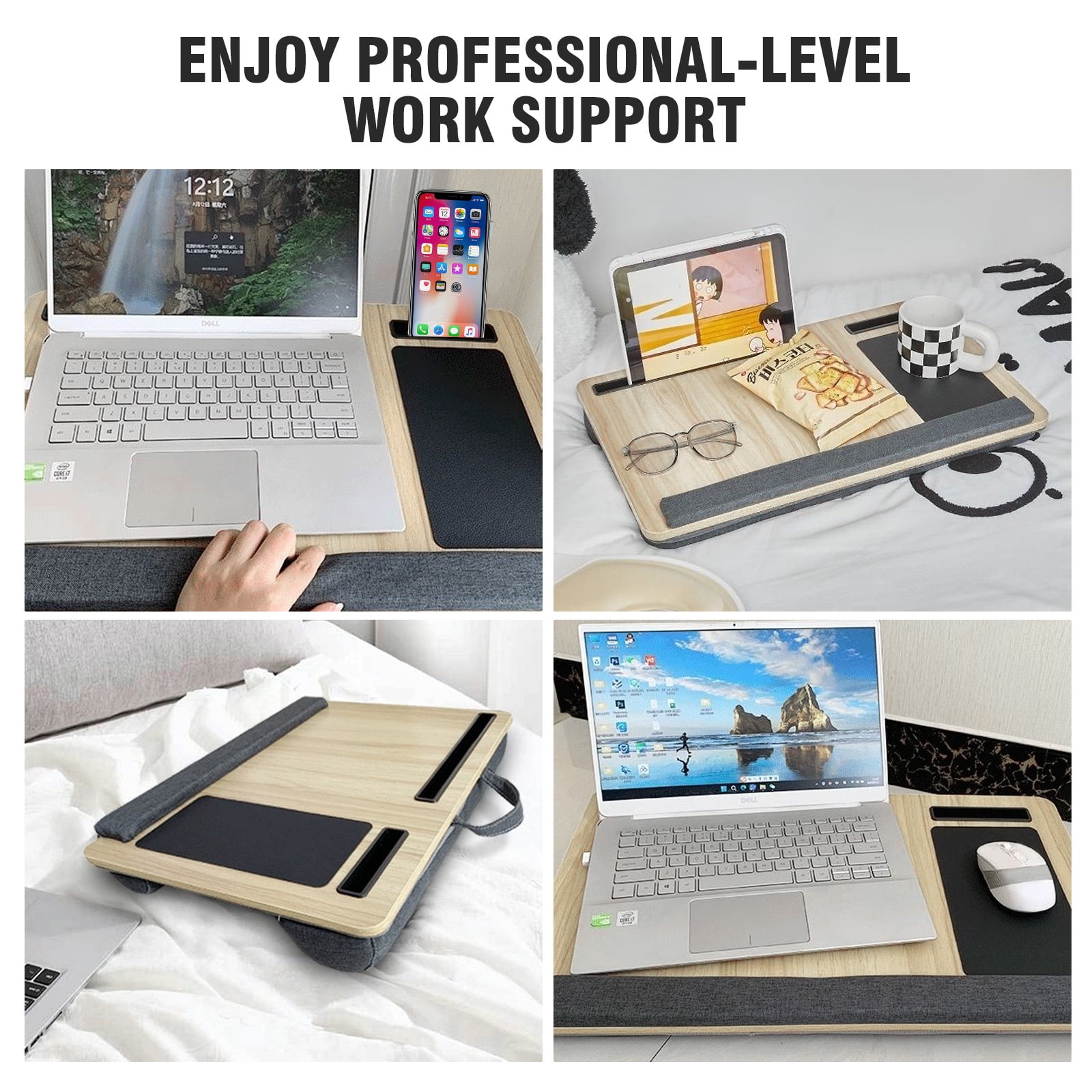 Baokaler Portable Lap desk, Laptop Desk with Pillow, Wood Lapdesk Bed Table with Soft Pillow, Fits up to 15.6 inches, White