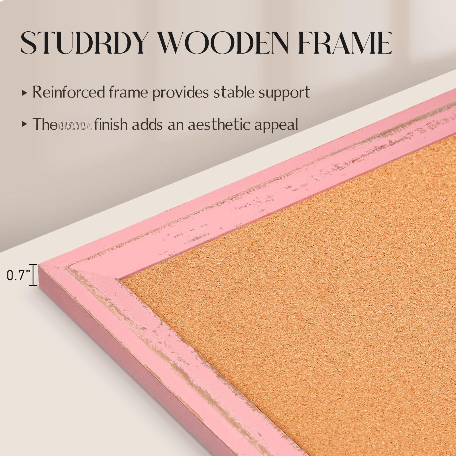 Cork Bulletin Board  24" X 18" Corkboard For Wall Pink Wooden Frame Decorative Hanging Pin Tack Home Office Decor 10 Push Pins