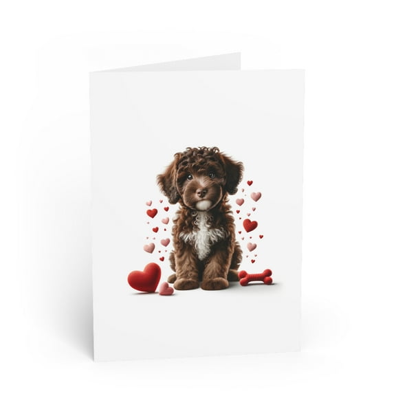 DistinctInk Greeting Card / Note Card - Valentine's Day Spanish Water Dog Puppy - PACK of 5