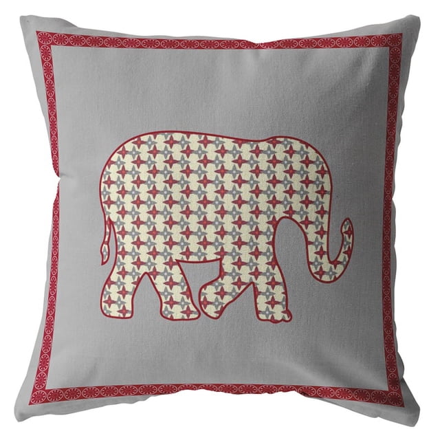 Éléphant Léger Coussin en Tissu d'Intérieur / Extérieur en Rouge sur 26x26 Gris