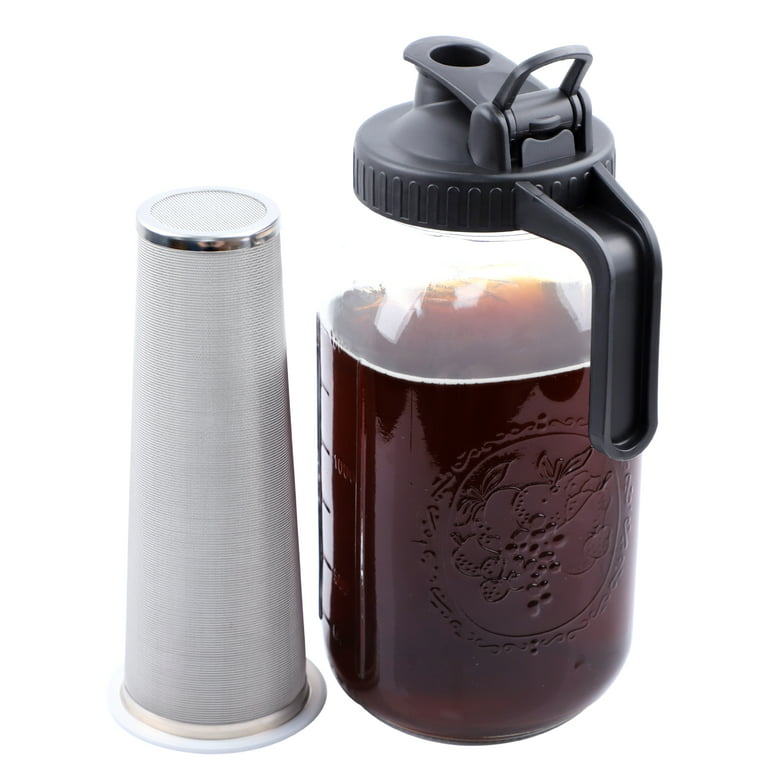 Cold Brew Coffee Maker Pitcher, 64 Oz Heavy Duty Wide Mouth Glass Mason Jar  pour spout Lid with Stainless Steel Filter for Iced Coffee, Ice Lemonade