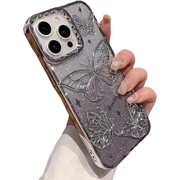 Designed for iPhone Case,Luxury Electroplated Liquid Floating Gradient Glitter Quicksand Butterfly Clear Camera Lens Protection Shockproof Protective Cover Phone Case (iPhone 15 Pro,Silver)