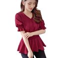 thumbnail image 4 of Camisa de mujer Cuello en V Verano Color sólido Manga media Botón Top, Rojo vino, L tholdsy AP001444-11, 4 of 7