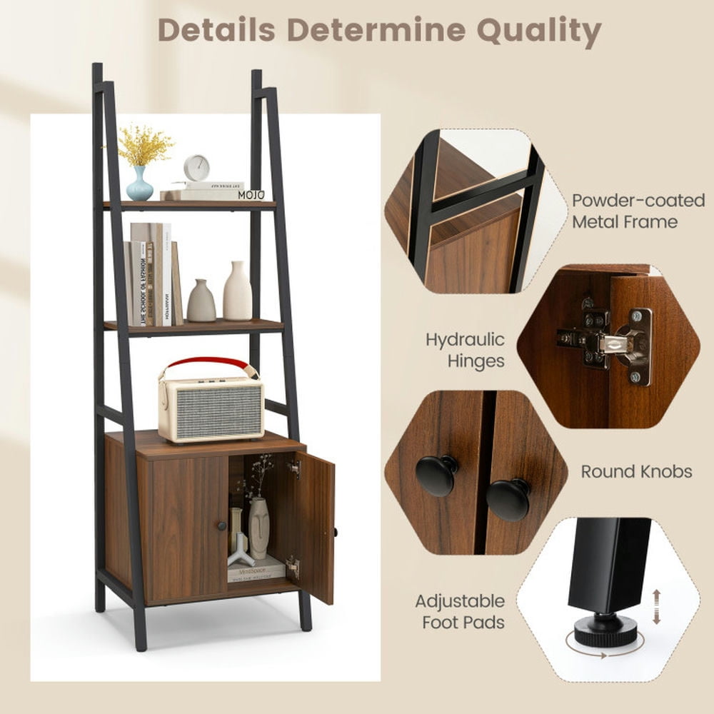 Demi Bonn 4-Tier Ladder Bookshelf with Cabinet and Metal Frame, Free Standing Bookcase, Brown