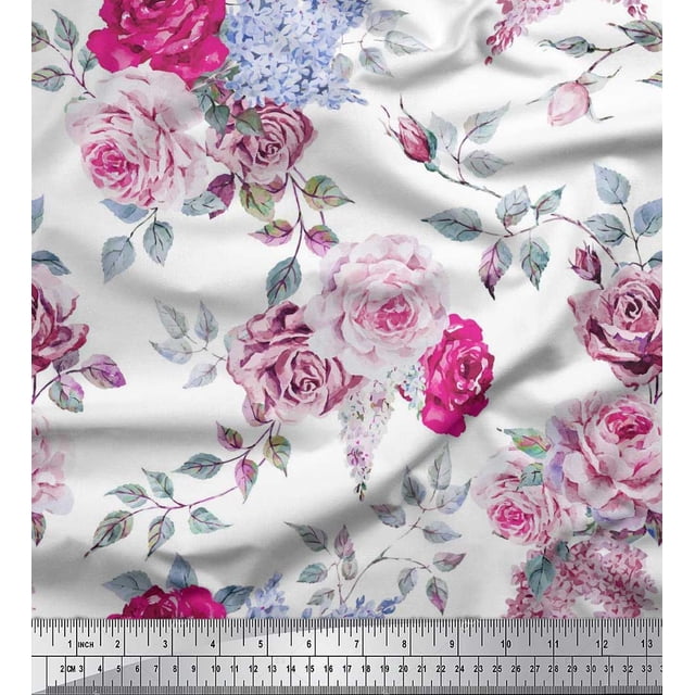 Soimoi Pink Poly Georgette Fabric Leaves & Rose Flower Print Sewing Fabric BTY 42 Inch Wide