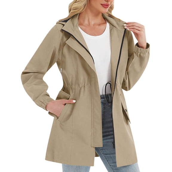 Women Plus Size Raincoat Lightweight Waterproof Rain Jacket Travel Hooded Trench Coat Detachable Hooded Windbreaker Khaki XXL