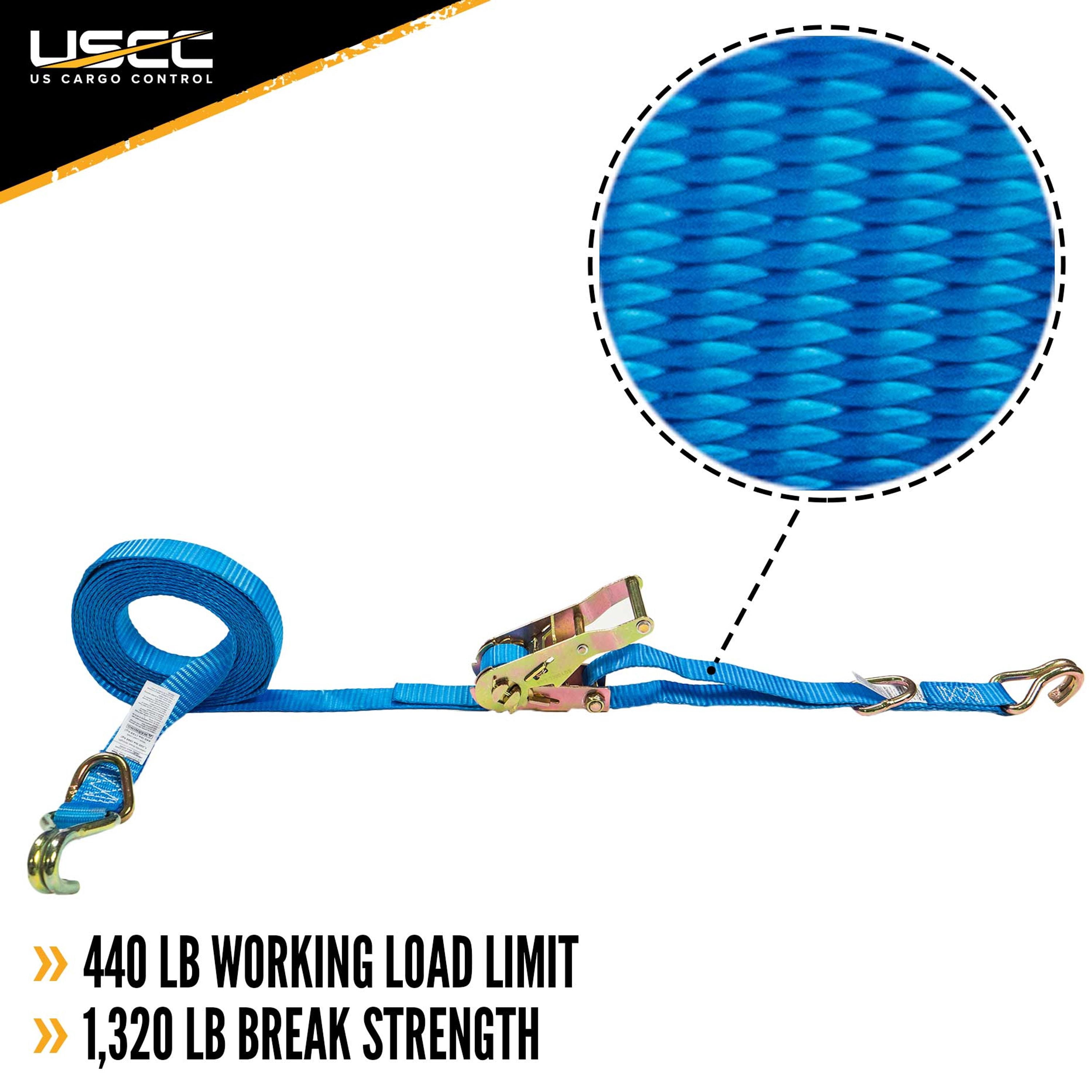 US Cargo Control, Ratchet Strap Tie Downs, J Hook End Fittings With Floating D Ring, 1 Inch Wide X 10 Foot Long, Dependable Cargo Securement, Blue Ratcheting Cargo Tie Down J Hook Straps, 2 Pack