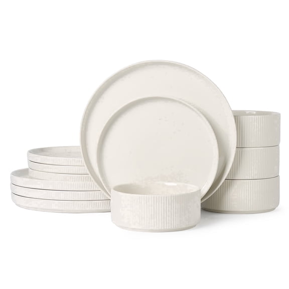 ALOFMO Stoneware Dinnerware Sets, Plates and Bowls Sets, Dish Set for 4, 12 Piece Dinner Set, Plate Sets for Kitchen, White