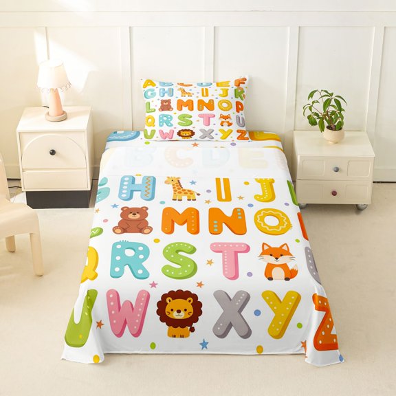 Feelyou Animal Alphabet Twin Sheet Sets for Kids, Cartoon Initial Letter Bedding, Multicolor, 3pcs