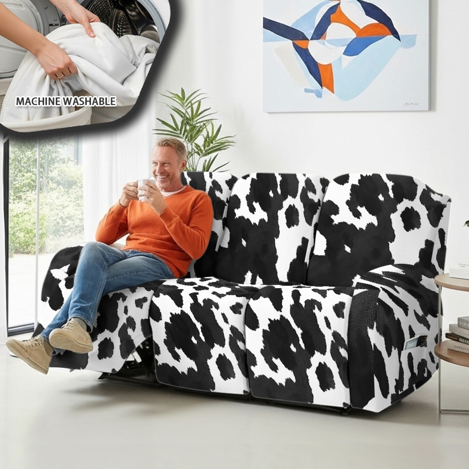 COEQINE Reclining Sofa Cover Universal 3 Seater Stretch Sofa Recliner Cover 8 Pieces Recliner Couch Slipcover Polyester Furniture Protector for Kids, Pets, Black White Cow Print