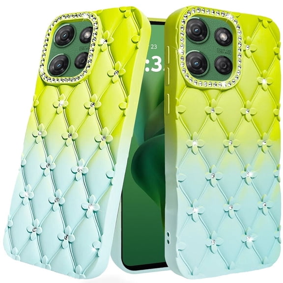 For Motorola Moto G Power 5G 2025 XT2515V Floral Joy Glitter Leather Feel Cover Cell Phone Case - Green Teal