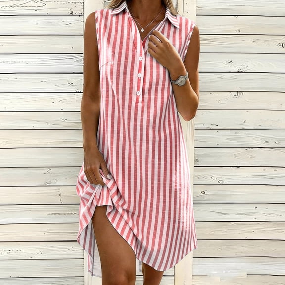QUNYINEY A Line Casual Dresses for Women Sleeveless Midi Summer Striped Shirt Dress Flowy Vacation Collared Loose Fit Dresses