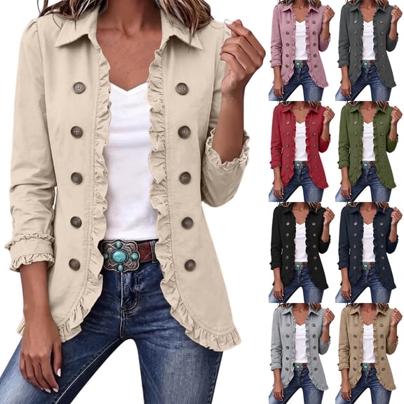 Naotn Open‑Front Ruffled Lapel Collar Jacket for Women Fall Trendy Casual Long Sleeve Button Down Outerwear