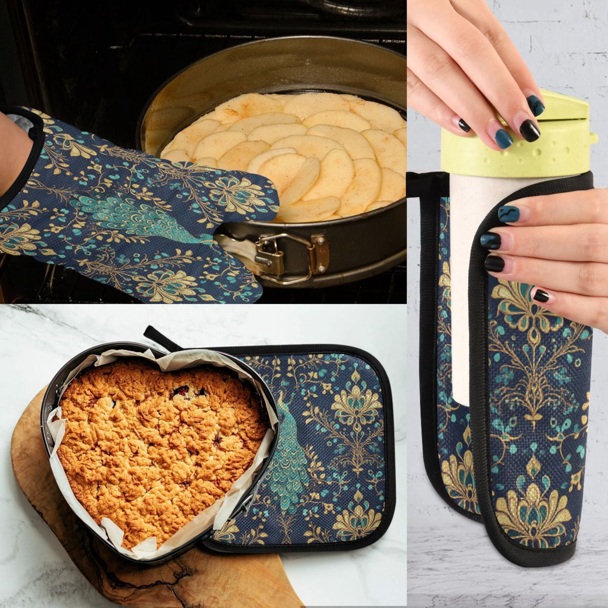 Yayeee Oven Mitts and Pot Holder Set of 4 Heat Resistant Kitchen Gloves Baking Hot Pad, Navy Blue Peacock Pattern