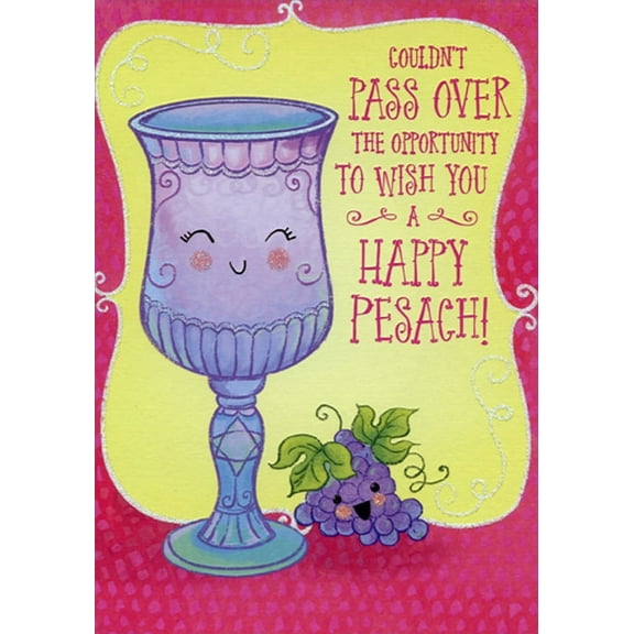 Designer Greetings Smiling Purple Cup with Yellow / Pink Background Juvenile Passover Card for Girl