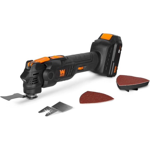 WEN 20V Max Cordless Brushless Variable Speed Multi-Function Oscillating Tool with Anti-Vibration System, Accessories, 2.0Ah Li-Ion Battery, and Charger (20936)