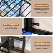 Metal Bunk Bed Twin Over Twin Size with Desk L-Shaped Bunk Bed with Led Lights & Charging Station for Adults, Twin Loft Bed Frame with Storage Shelves & Safety Guardrail & Ladder, Black