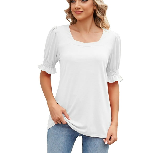 Gibobby Playera de Manga Corta Casual Suave Verano sólido cuello cuadrado princesa manga corta manga suelta camiseta mujer Top(Blanco,G)