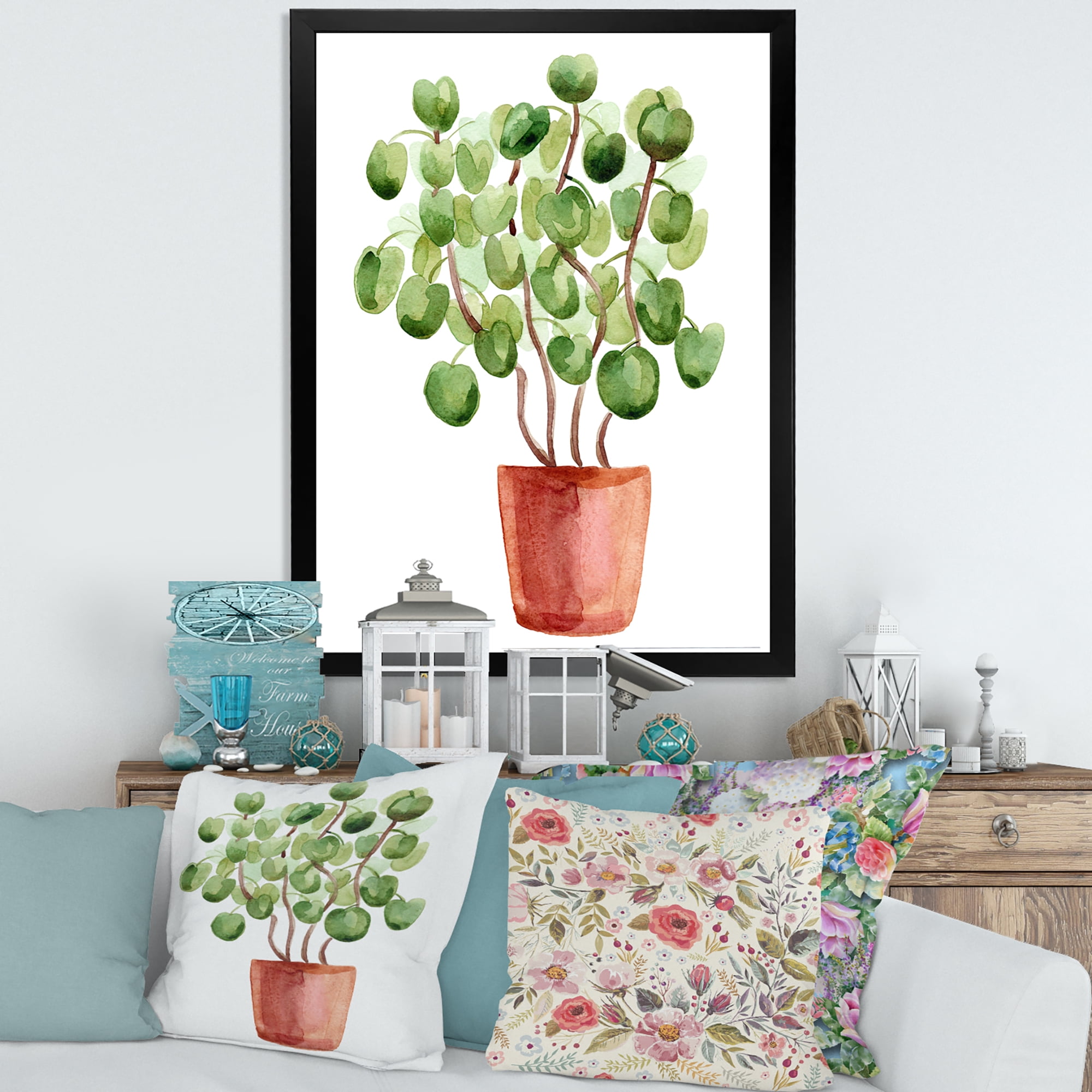 Designart 'Abstract Chinese Money Plant In Pot' Traditional Framed Art Print