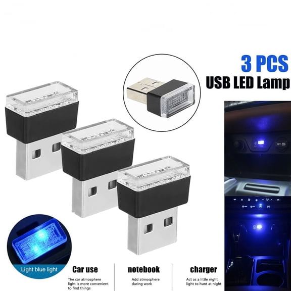 3-Pack Mini Blue LED USB Car Interior Lights, Soft Atmosphere Ambient Glow for Car Cabin, Computer, Bedroom – Plug and Play, Low Energy