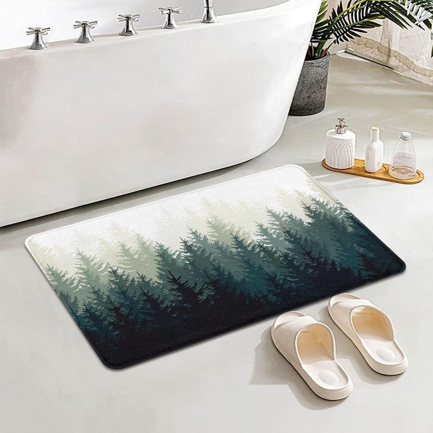 Misty Forest Bathroom Rugs Nature and Woodland Bath Mat Non-Slip Water Absorbent Bath Rug Soft Microfiber Floor Mats for Bathroom Tub and Shower Room Blue