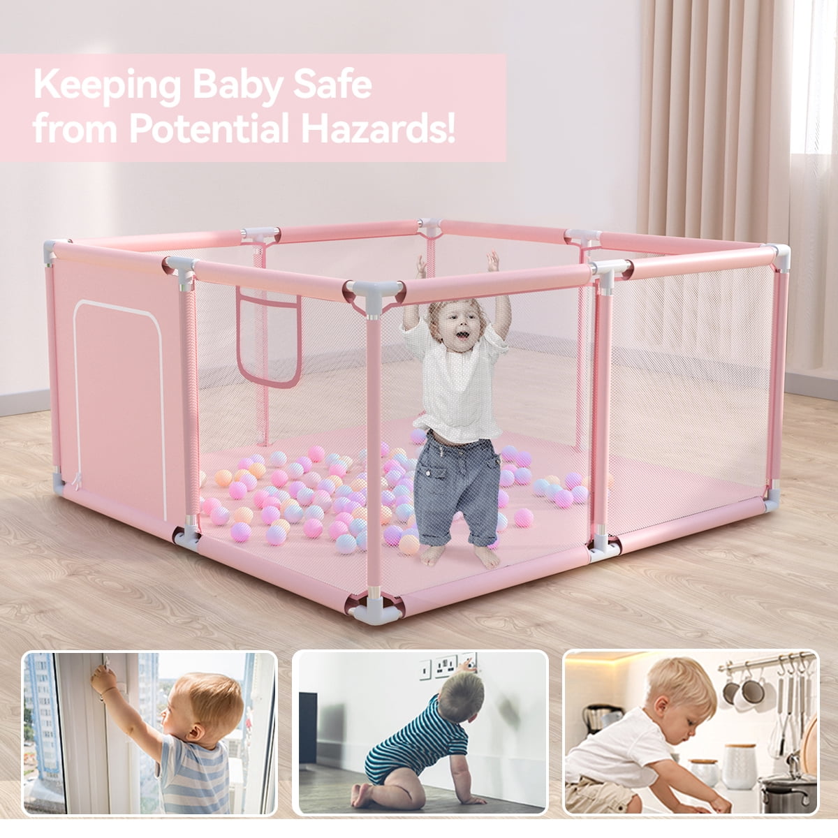 Baby Playpen, Outdoor Play Yard, Portable Play Yard 4-Panel- Baby Foldable Safety Playpen for Infant Toddler,Pink