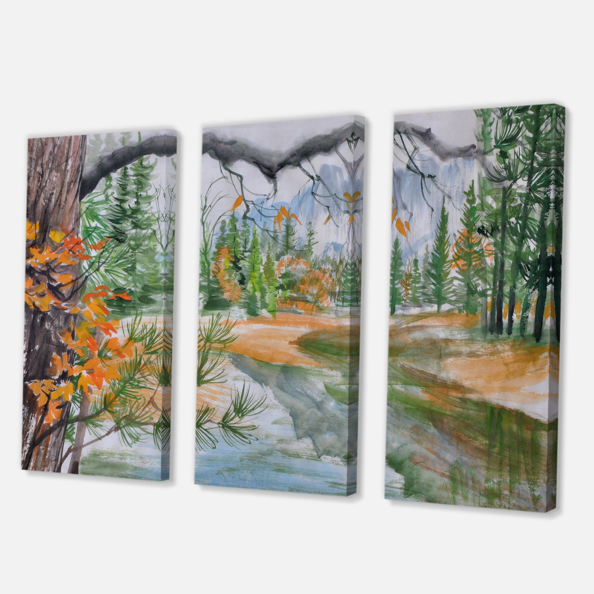 Trees With River In Autumn Forest 28 in x 36 in Painting Canvas Art Print, by Designart